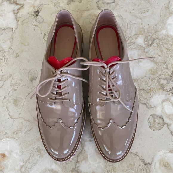 Zara Oxfords Tan Nude Patent Leather Red Heart Tongue Platform Wingtip Shoes - Picture 11 of 14